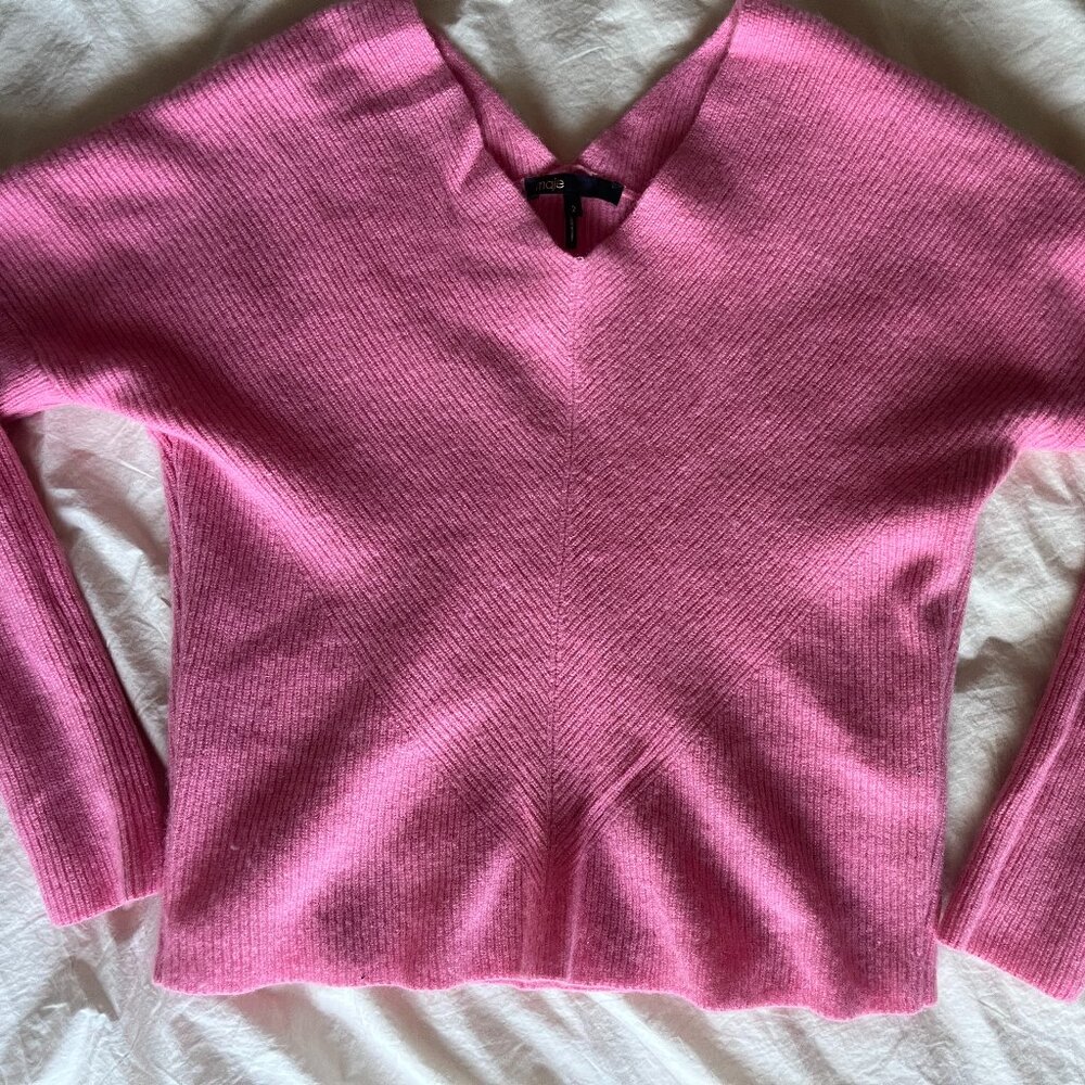 Maje French Luxury Pink Ribbed V-Neck Sweater 100% CASHMERE in sz S/M